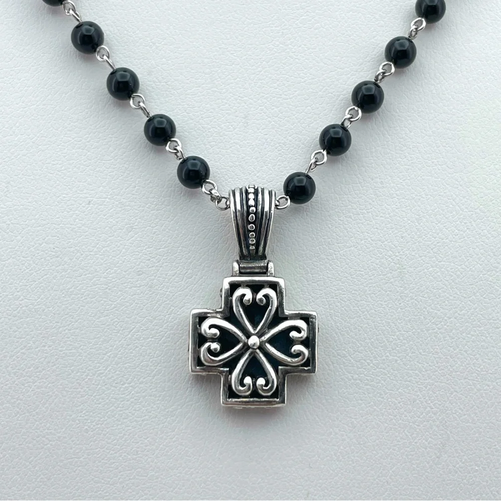 Victorian Gothic Revival 925 Silver Cross Necklace – Black Onyx Beaded Chain